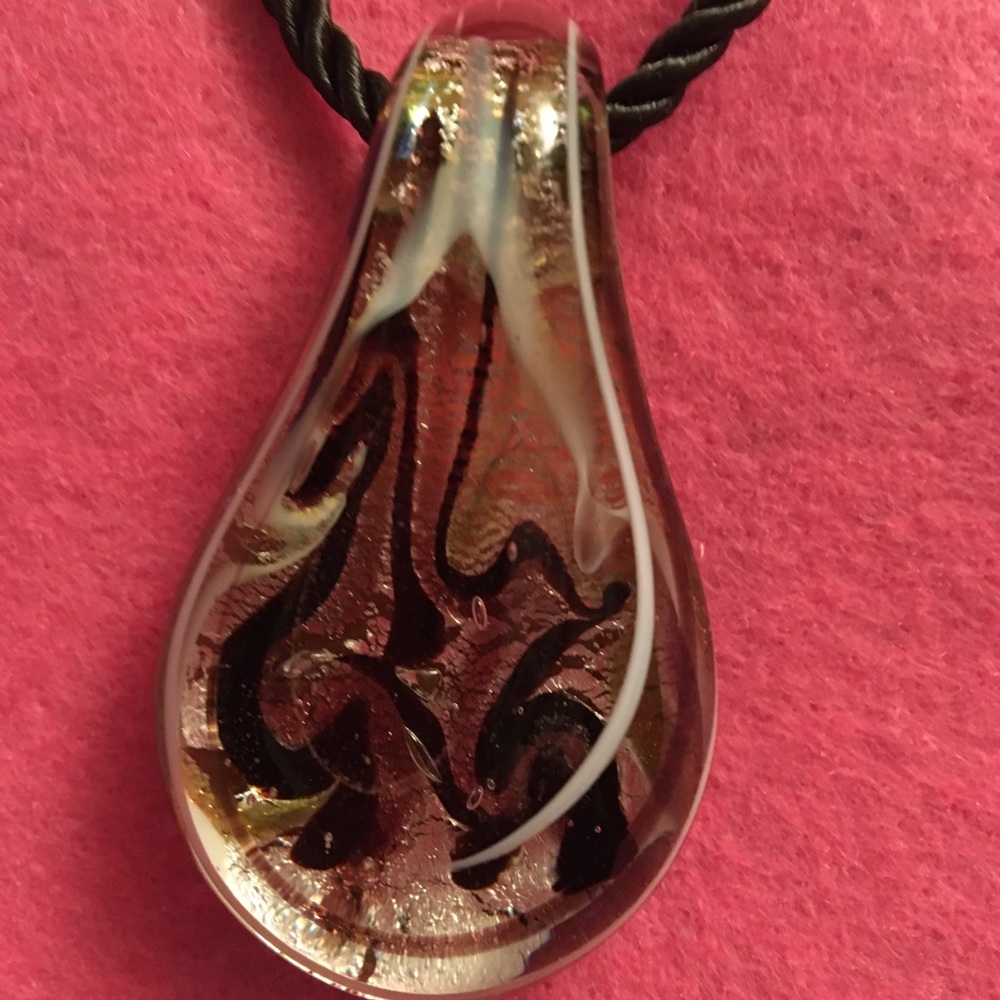 Blown glass drop necklace on black twisted silk cord